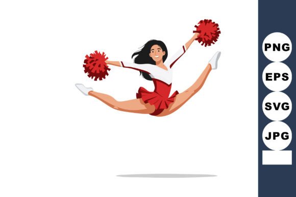 Capture Energetic Spirit: Cheerleader Jumping High with Red Pom Po