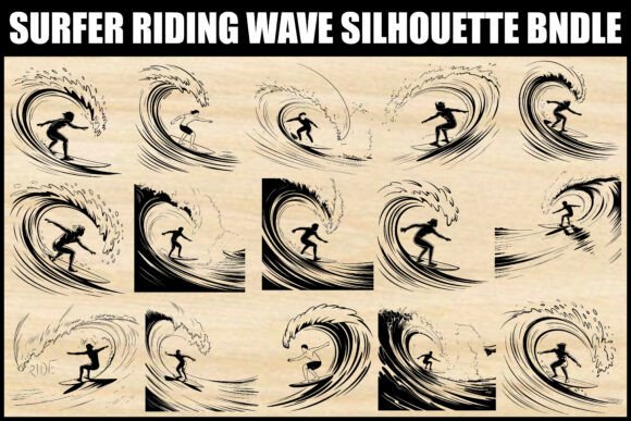 Surfer Riding Wave Silhouette Pack: Dynamic Design Assets