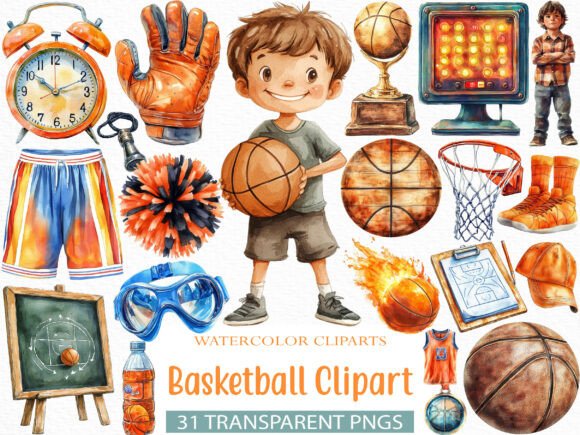 Watercolor Basketball Clipart Bundle: Dynamic Design Assets